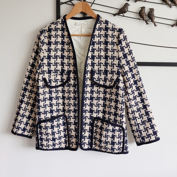 Tongse Studio Navy Cream Tweed Cotton Blend Jacket Medium Lined Open Front - Picture 3 of 10